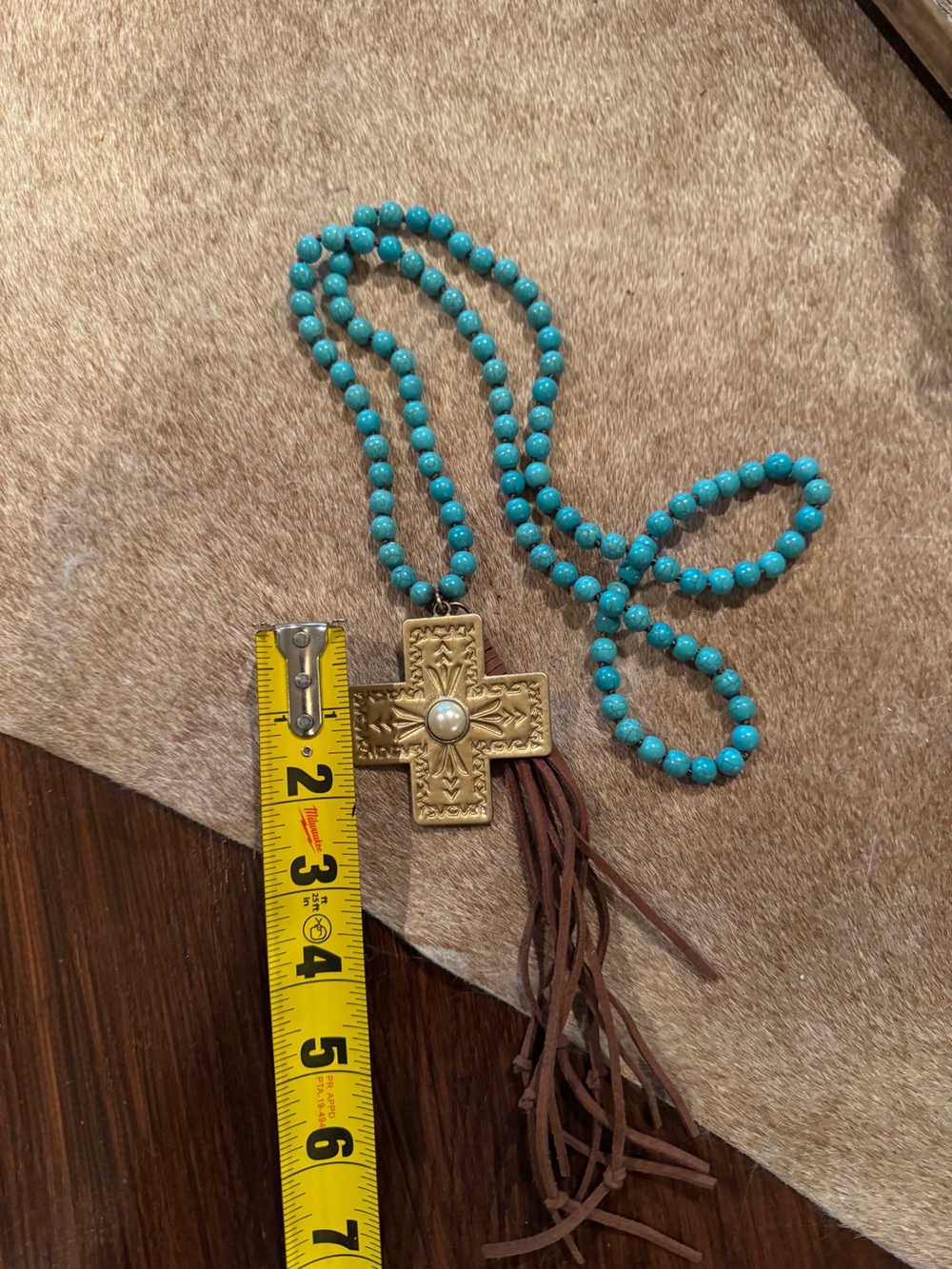 Turquoise Beaded, Gold Cross Pendant Necklace with Brown Leather Fringe 24” - Picture 5 of 5